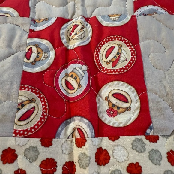Baby Quilt Sock Monkey Themed Patchwork Quilt 36”X46” Flannel Backing - Picture 3 of 12